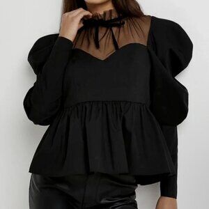 NWT River Island Black High Mesh Neck Puff Sleeve Top Size UK 10
